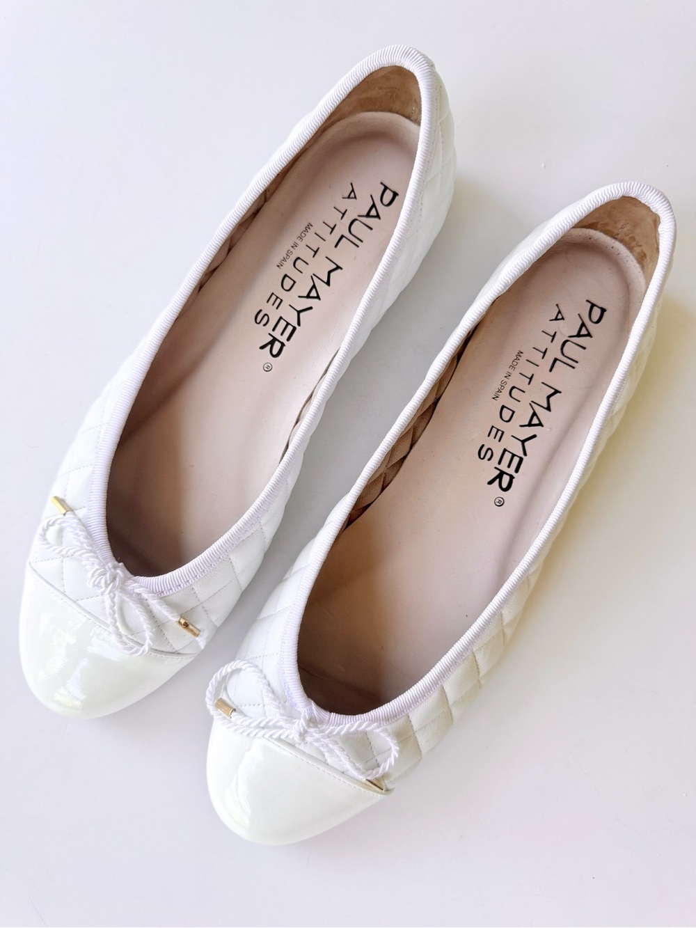 Paul Mayer Best Cap Toe Quilted Ballet Flat White Leather Size 8
